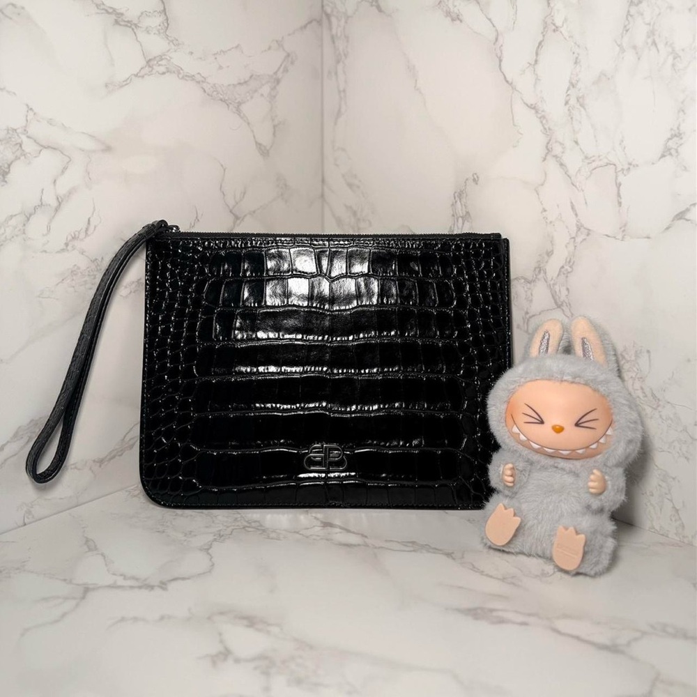 Authentic Balenciaga BB Croc Embossed Handle Pouch in elegant black.